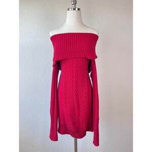 BCBGMAXAZRIA Red Cableknit Off The Shoulder Sweater Mini Dress size Medium